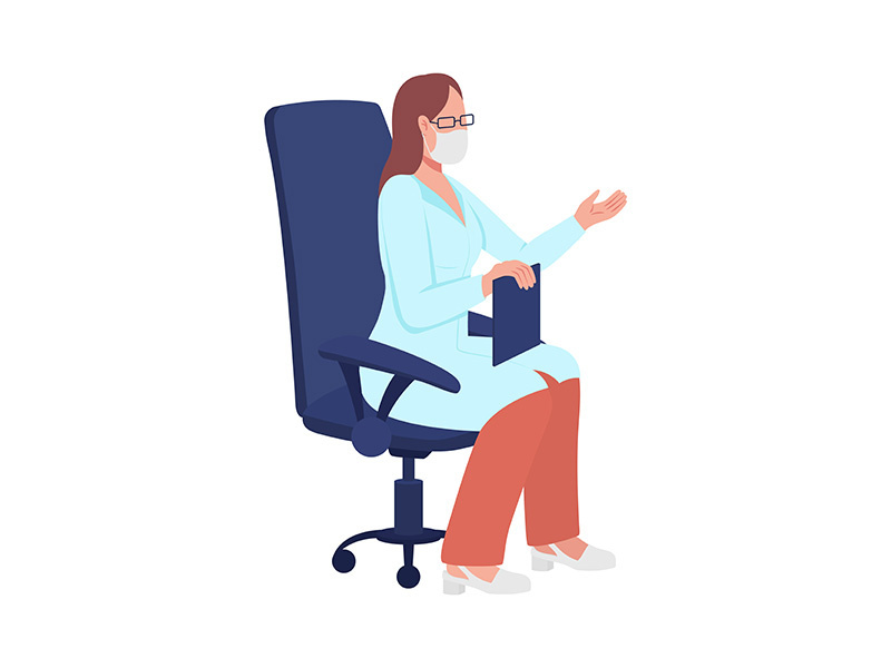 Woman doctor with mask sitting on chair semi flat color vector character
