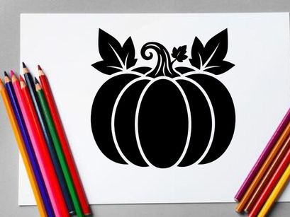 Silhouette of a pumpkin with leaves and a small flower for autumn or Halloween themes