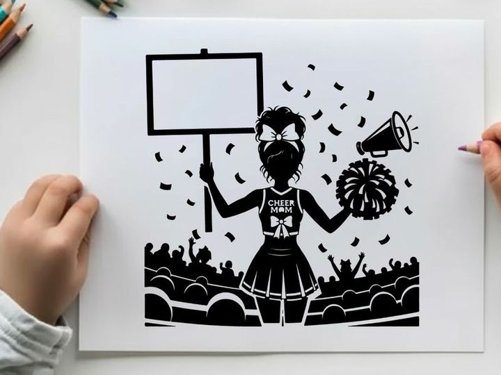 Cheerleader silhouette holding sign and megaphone at sports event