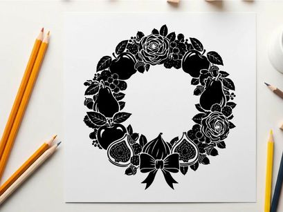 Silhouette floral wreath with bow and fruits
