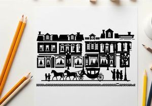 Silhouette of a horse drawn carriage in front of buildings