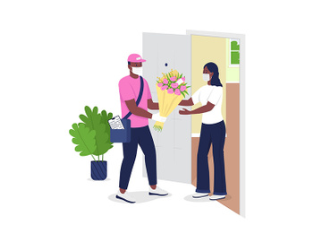 Delivery man in face mask give woman flowers flat color vector detailed characters preview picture