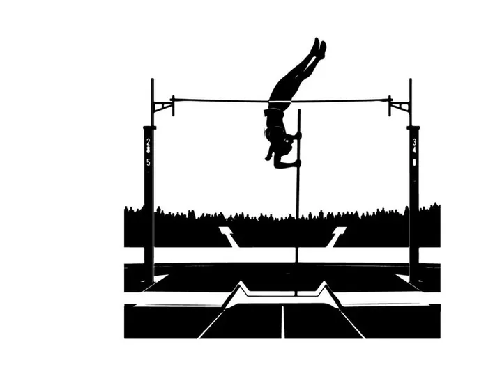 Athlete in silhouette performing a pole vault