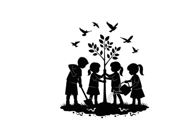 Children planting a tree in silhouette with birds flying overhead