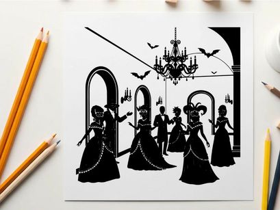 Elegant silhouette of people in a ballroom with chandelier and bats