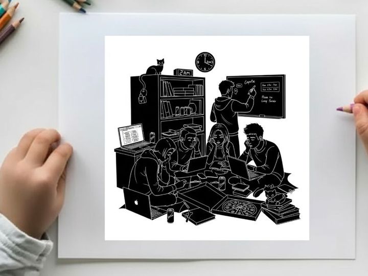 Silhouette of two people working in a cluttered room with computer and books
