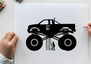 Silhouette of a monster truck with a person climbing