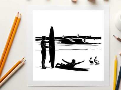 Silhouette of surfers and pelicans by the ocean waves at sunset