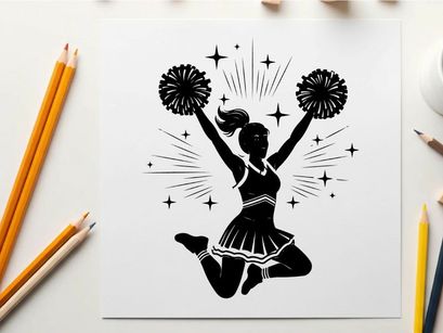 Cheerleader silhouette with pompoms and sparkles