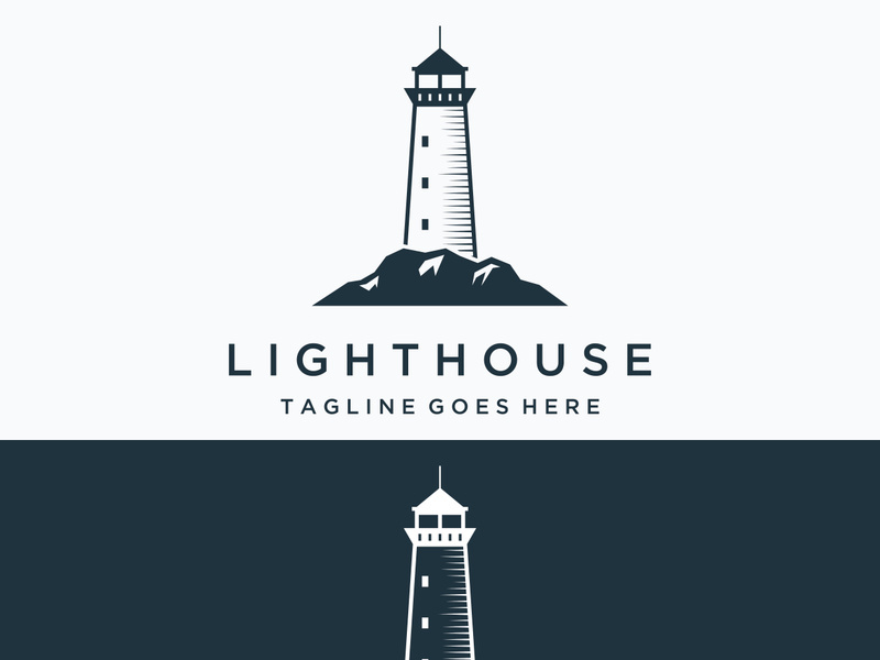 Sea lighthouse tower building creative logo with spotlights vintage vector template.