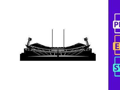 A black and white silhouette of a large sports stadium with floodlights