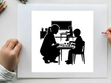 Silhouette of two children playing chess in a classroom setting preview picture