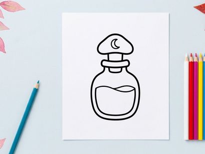 Magic potion bottle icon. Witchcraft elixir flask with moon symbol for Halloween design.