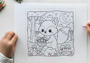 Cute white fox with basket and mushrooms forest vector illustration