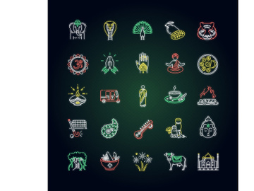 Indian culture neon light icons set preview picture