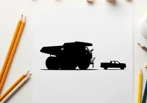 Silhouette of a large mining truck and a small pickup truck