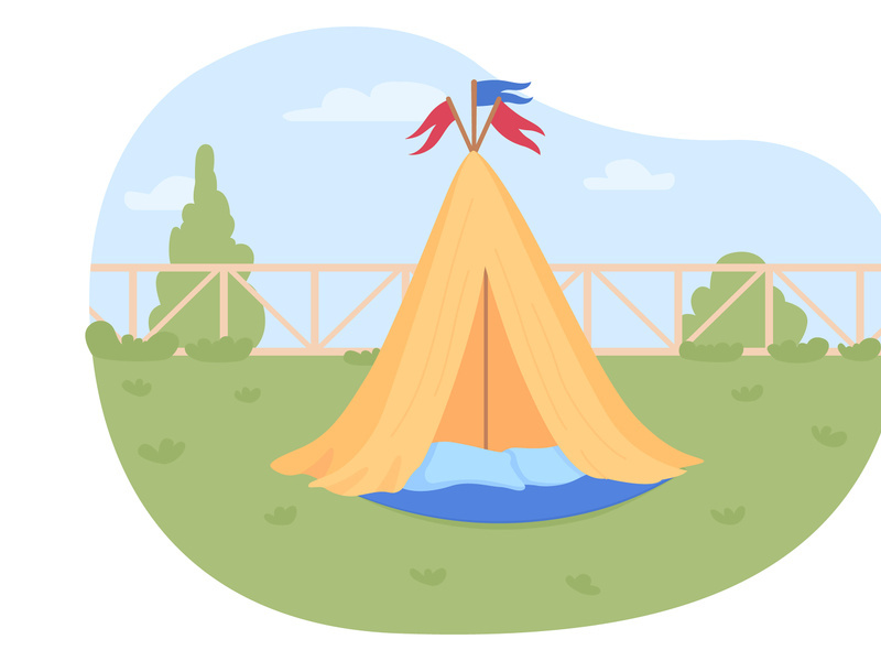 Wigwam for kids in backyard 2D vector web banner, poster