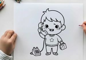 Cute child talking on retro phone vector illustration