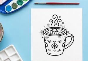 Handgezeichnete Illustration einer Tasse mit heißer Schokolade und Marshmallows