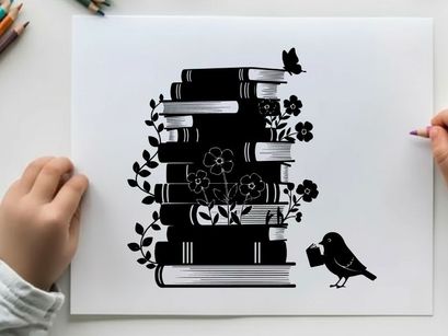 Silhouette of books with flowers bird and butterfly