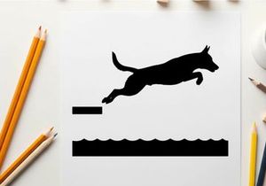 Dog silhouette jumping over an obstacle silhouette