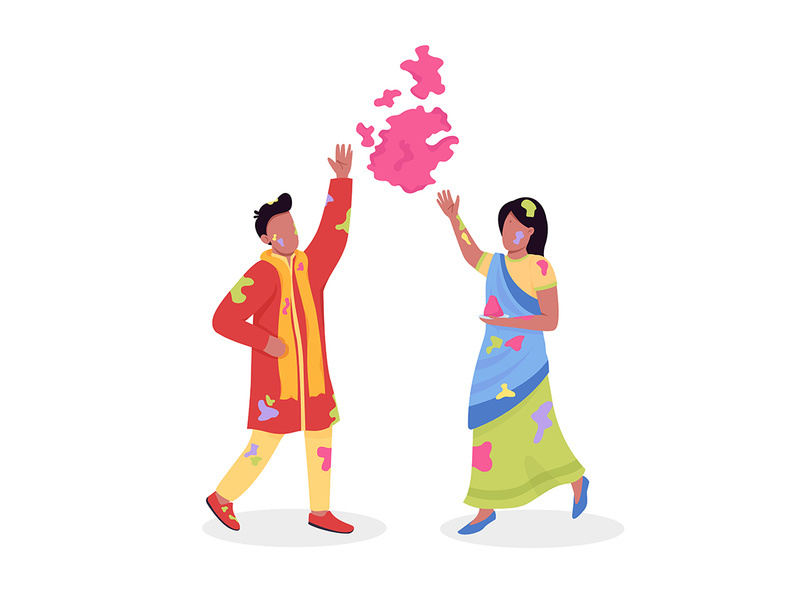 Couple celebrating Holi semi flat color vector characters