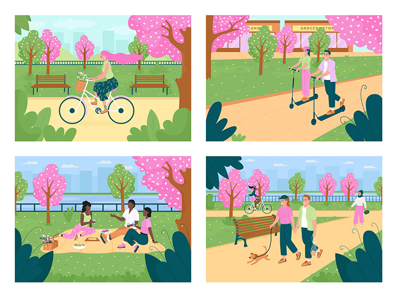 Recreation in spring park flat color vector illustration set