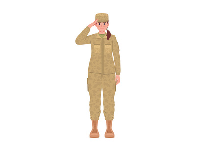 Male and female soldiers saluting semi flat color vector characters