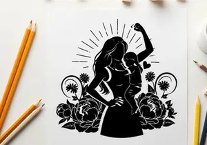 Empowered mother silhouette with child and floral elements