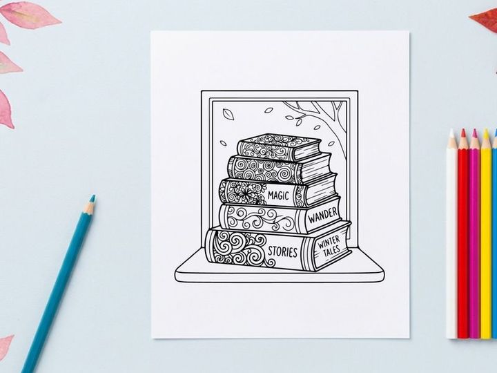 Página para colorear de pila de libros vintage para actividad creativa navideña