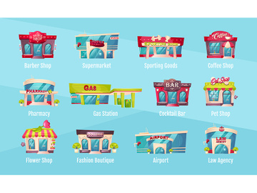 Shop front flat color vector objects set preview picture
