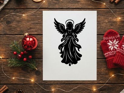 Black angel silhouette with wings and halo for spiritual or holiday themes