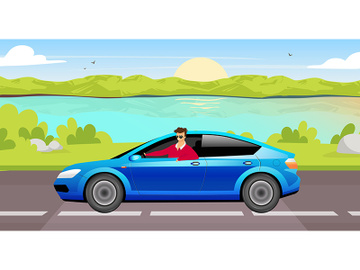 Young man driving sedan flat color vector illustration preview picture