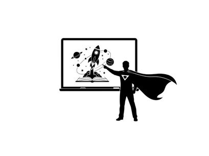 Silhouette of a superhero presenting a rocket on a screen