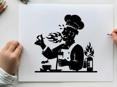 Silhouette of a chef cooking with flames and utensils