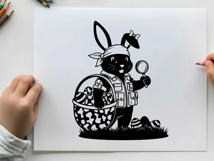 Easter bunny silhouette with basket and eggs