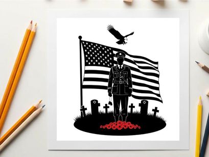 American soldier silhouette with flag and cemetery