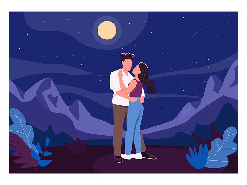 Midnight romantic date flat color vector illustration