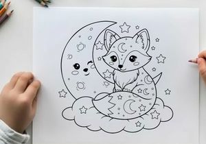 Cute fox sleeping under moon stars vector illustration