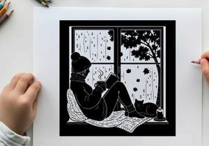Cozy silhouette of a person reading near a rainy window with cat