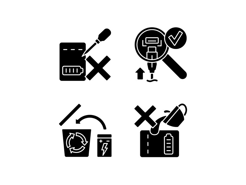 Portable charger guidelines black glyph manual label icons set on white space