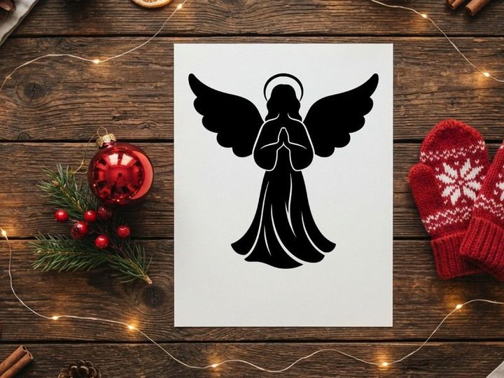 Silueta negra de un ángel en oración con alas y halo sobre fondo blanco