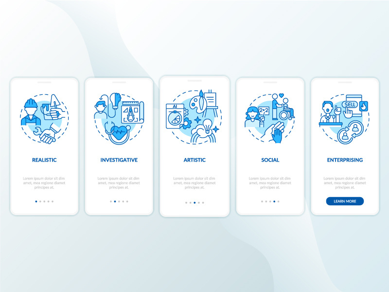 Work environment kinds blue onboarding mobile app screen