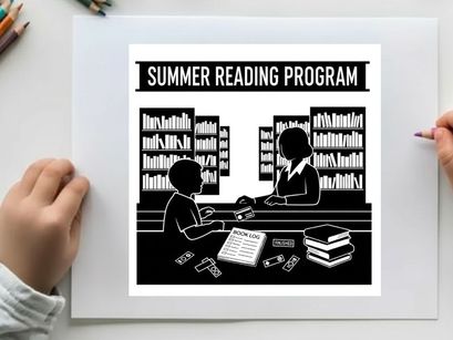 Summer reading program advertisement with silhouette of child and librarian
