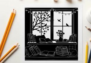 Cozy room interior with silhouette of tree and birds outside window