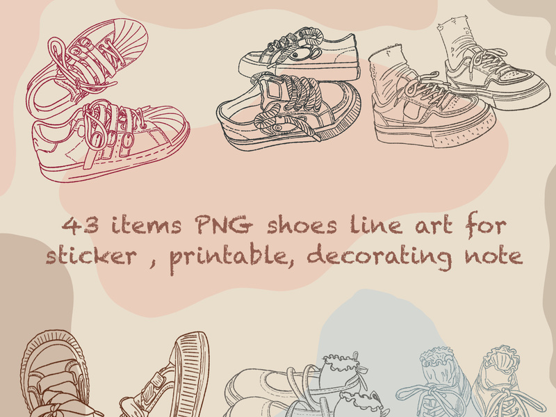 43 items PNG shoes line art for sticker , printable, decorating note