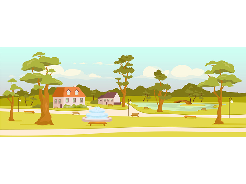 Town park flat color vector illustration