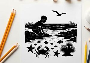 Boy exploring beach with marine life and seagull