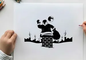 Santa claus silhouette climbing down a chimney on christmas eve night