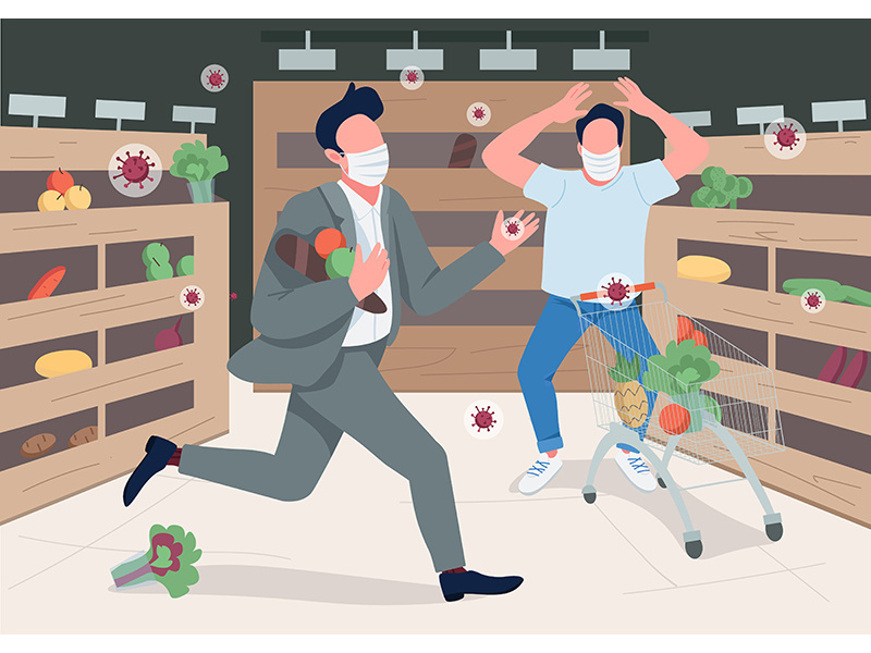 Panicking store customers flat color vector illustration